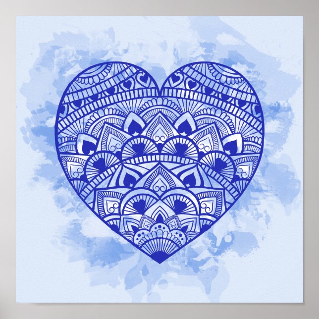 Mandala Heart Blue Watercolor Print Poster (Vorne)