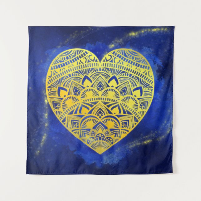 Mandala Heart Luminous Gold und Blue Wandteppich (Vorderseite)
