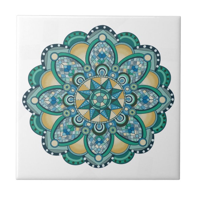 Mandala in Blues, Grüntöne und Gold Fliese (Vorderseite)