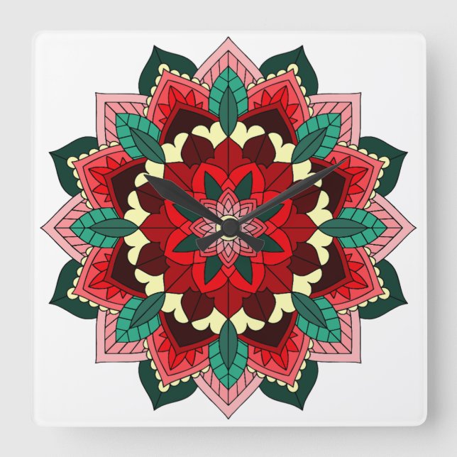 Mandala in rot quadratische wanduhr (Vorderseite)