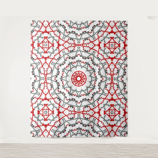 Mandala in weiß, rot und khaki. wandteppich (Vorderseite)