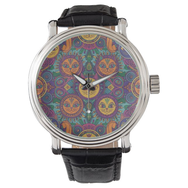 Mandala-Katzen-Kunstuhr Armbanduhr (Vorderseite)