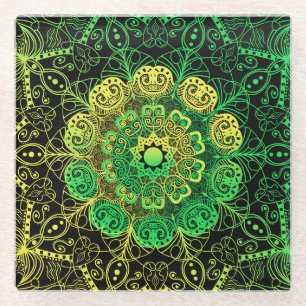 Mandala-Kunst: Grün-gelbes Detail. Glasuntersetzer