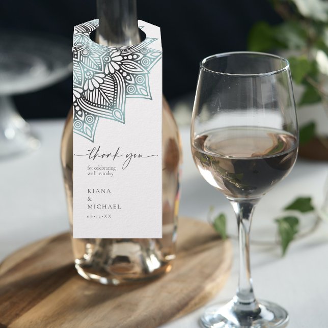 Mandala Lace Wedding Vielen Dank, Lt. Blue ID968 Flaschenanhänger (Wine Bottle In Situ)