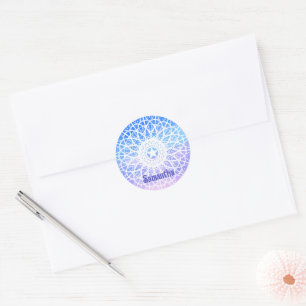 Mandala, lila, weiß und blau runder aufkleber