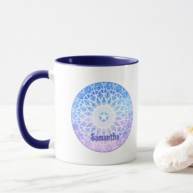 Mandala, lila, weiß und blau tasse (Mit Donut)