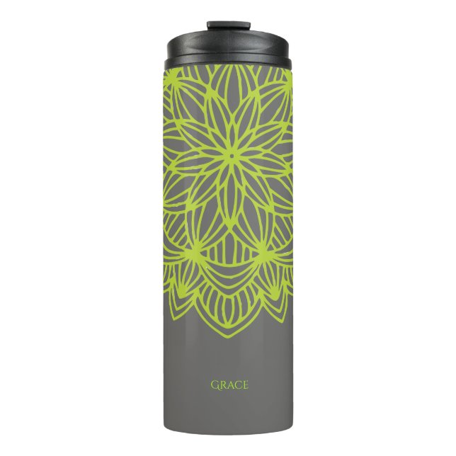 Mandala Lime Green Gray Personalisiert Elegant Thermosbecher (Vorderseite)