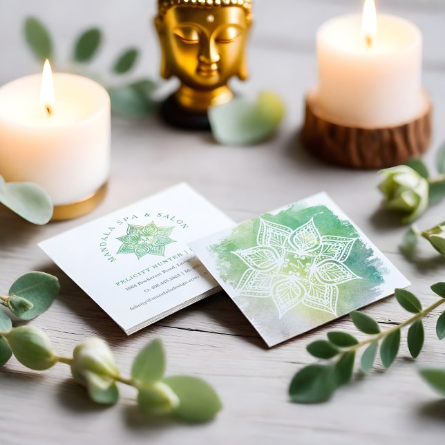 Mandala Lotus Blume Logo und Aqua Green Wasserfarb Quadratische Visitenkarte (Mandala Lotus Flower Logo & Aqua Green Watercolor Square Business Card)