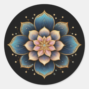 Mandala Lotus Blume mit Sparkling Crystals Runder Aufkleber