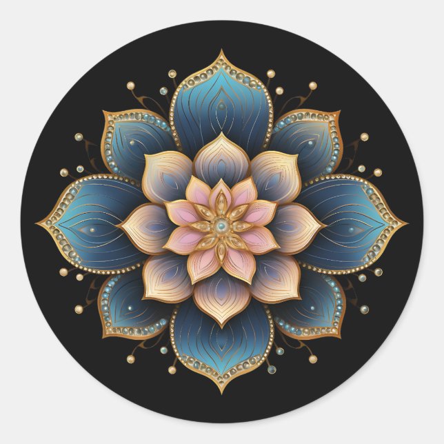 Mandala Lotus Blume mit Sparkling Crystals Runder Aufkleber (Vorderseite)