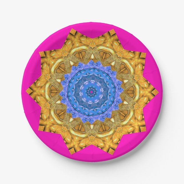 Mandala Magic Blue & Gold auf Fuchsia Pappteller (Vorderseite)