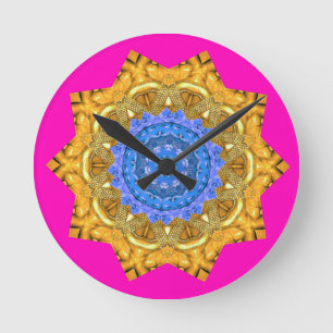Mandala Magic Blue & Gold auf Fuchsia Runde Wanduhr