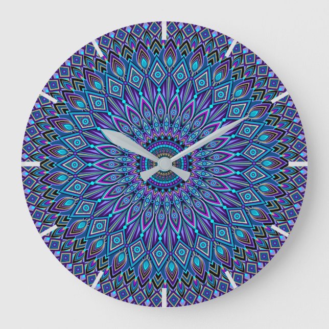 Mandala-Meditations-blauer aquamariner lila Pfau Große Wanduhr (Vorderseite)