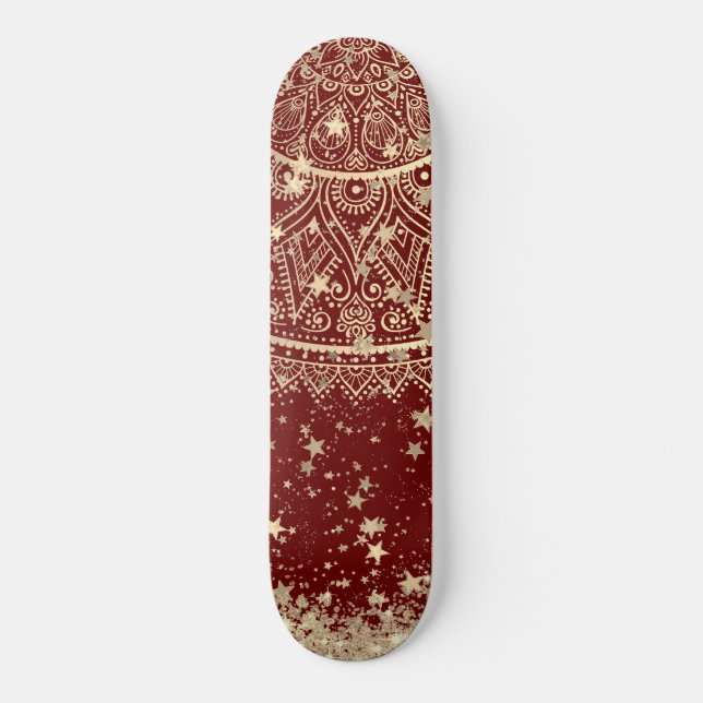 Mandala mit Gold Stars auf Rot verzaubern Skateboard (Vorderseite)