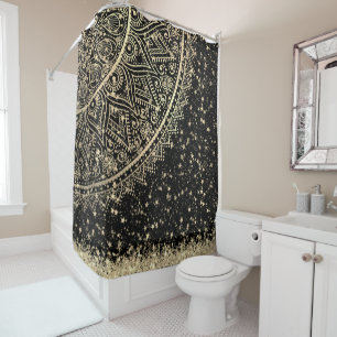 Mandala mit Gold Stars auf schwarz bezaubern Duschvorhang