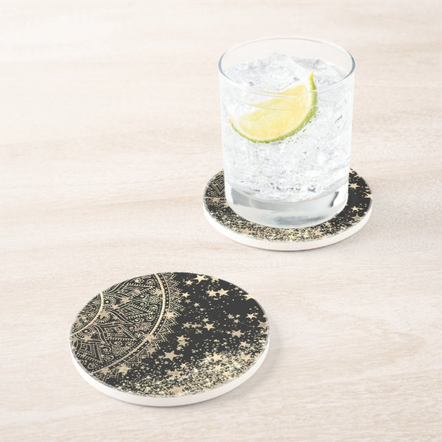 Mandala mit Gold Stars auf schwarz bezaubern  Getränkeuntersetzer (Seite)