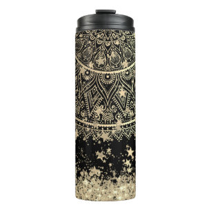 Mandala mit Gold Stars auf schwarz bezaubern Thermosbecher