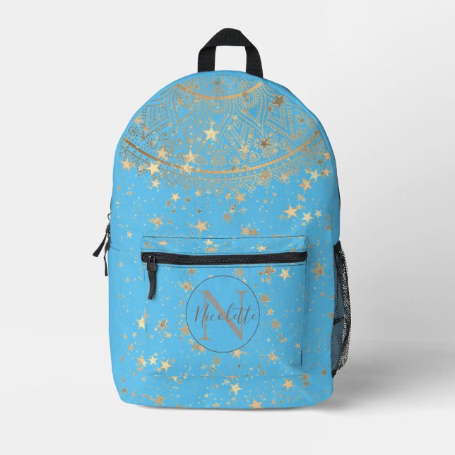Mandala mit Gold Stars auf Türkis Personalisiert Bedruckter Rucksack (Vorderseite)