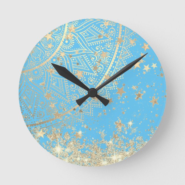 Mandala mit Gold Stars auf Türkis verzaubern  Runde Wanduhr (Vorderseite)