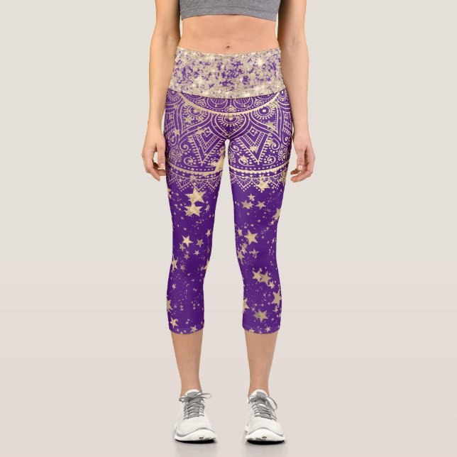 Mandala mit Gold Stars Glitzer Lila Capri Leggings (Vorderseite)