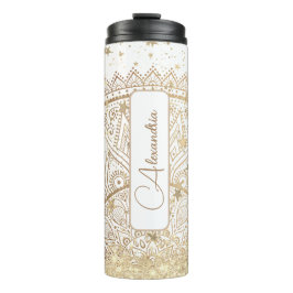 Mandala mit Goldstars auf Weiß Personalisiert Thermosbecher