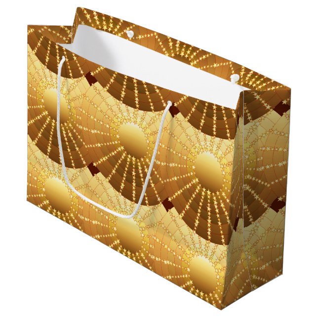 Mandala mit Sternen - goldene Satinsteigung Große Geschenktüte (Vorderseite Schrägansicht)