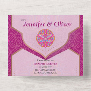 Mandala-Mix aus Cerise Pink Blues & Orange All In One Einladung