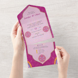 Mandala-Mix in Cerise Pinkblau und Orange All In One Einladung