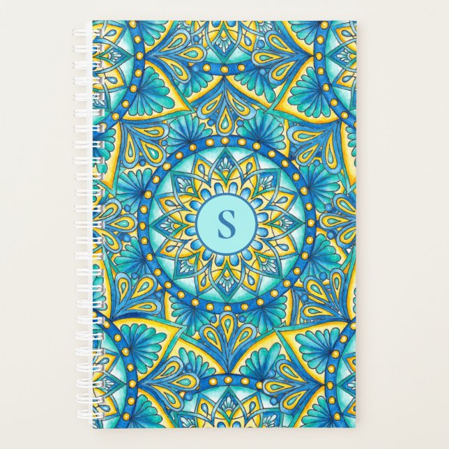 Mandala Monogram Blue Floral Turquoise Muster Planer (Vorderseite)