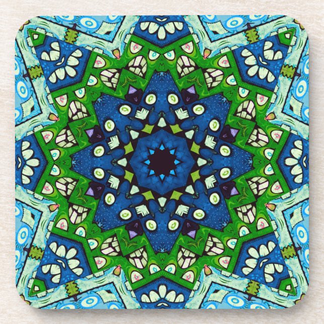 Mandala Mosaic Geometric Green Blue Retro Hippie Getränkeuntersetzer (Vorderseite)