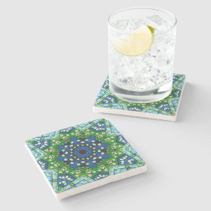 Mandala Mosaic Geometric Green Blue Retro Hippie Steinuntersetzer