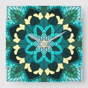 Mandala Muster 02 in aqua Square Wall Clock Quadratische Wanduhr