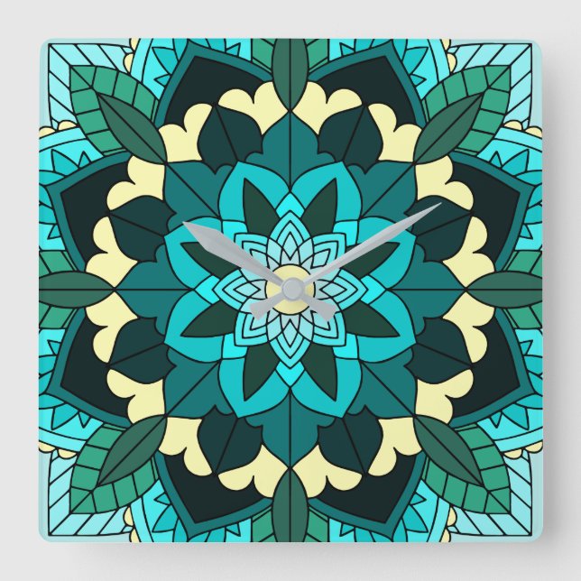 Mandala Muster 02 in aqua Square Wall Clock Quadratische Wanduhr (Vorderseite)