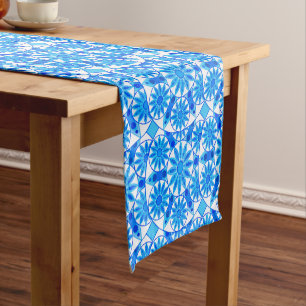 Mandala Muster, Cobalt Blau, Türkis und Weiß Kurzer Tischläufer