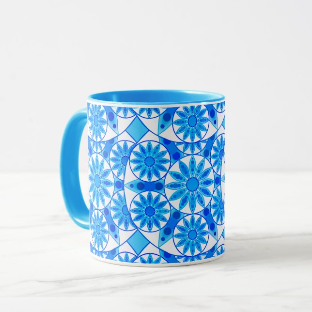 Mandala Muster, Cobalt Blau, Türkis und Weiß Tasse (Vorderseite Links)