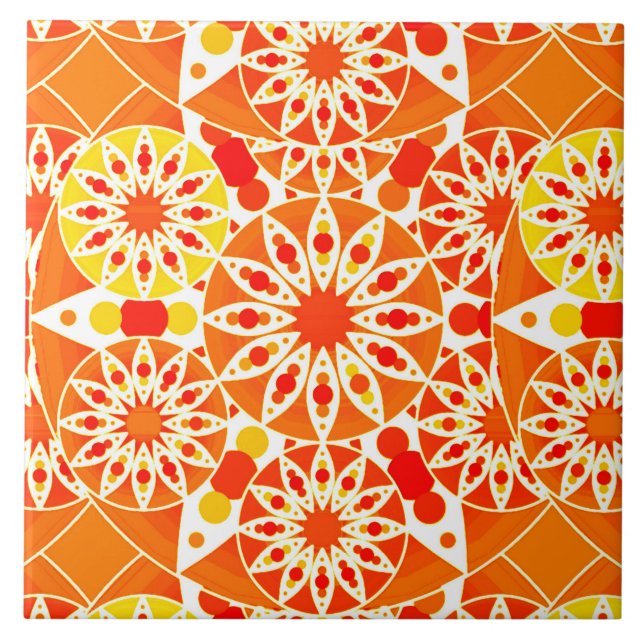 Mandala Muster, Coral Orange und Gold Fliese (Vorderseite)