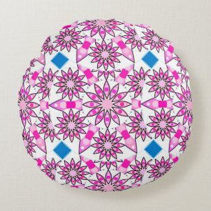 Mandala-Muster, heißrosa, schwarz und weiß Rundes Kissen
