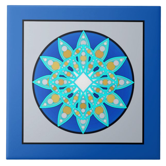 Mandala Muster in Cobalt Blau und Grau / Grau Fliese (Vorderseite)