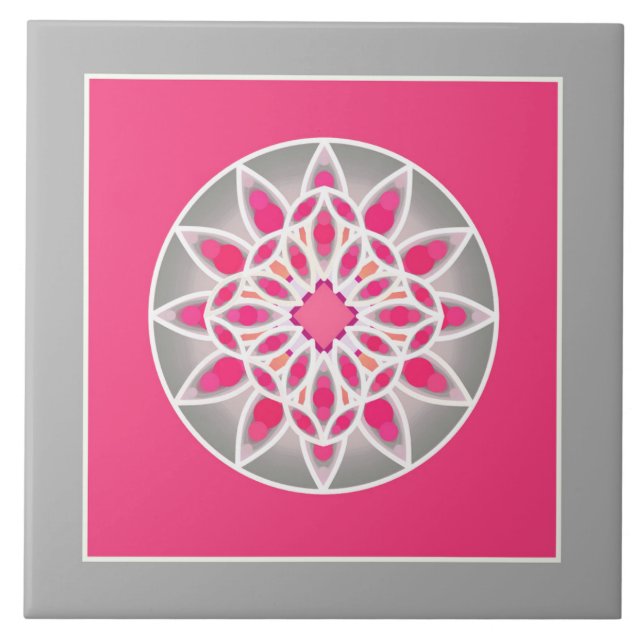 Mandala Muster in Fuchsia Pink, Grau und Weiß Fliese (Vorderseite)