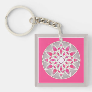 Mandala-Muster in Fuchsia-Pink, Weiß und Grau Schlüsselanhänger
