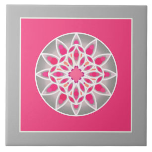 Mandala-Muster in Fuchsienrosa, Grau und Weiß Fliese