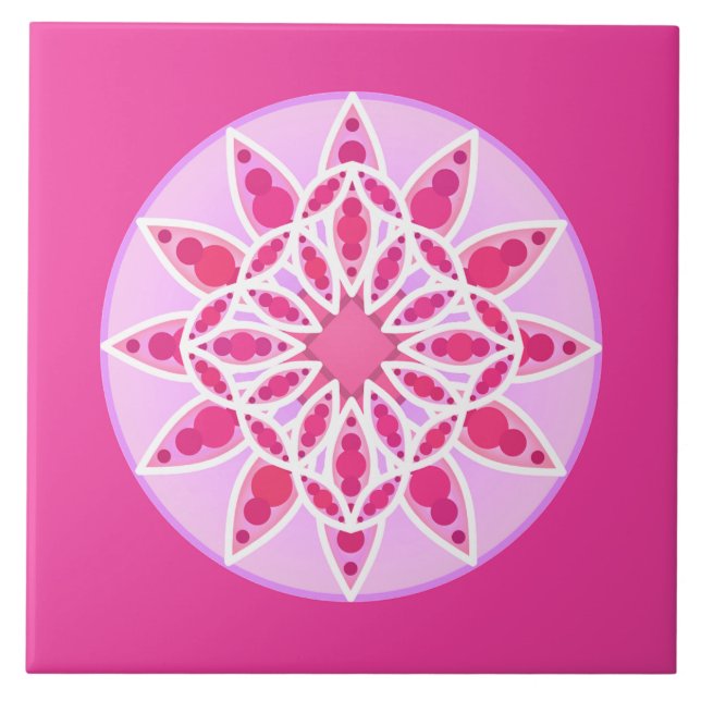 Mandala-Muster in fuchsienrosa und weiß Fliese (Vorderseite)