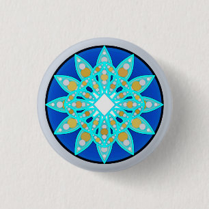 Mandala-Muster in Kobalt, Grau und Türkis Button