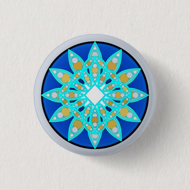 Mandala-Muster in Kobalt, Grau und Türkis Button (Vorderseite)