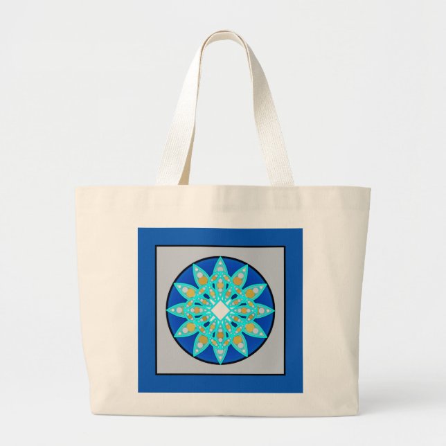 Mandala-Muster in Kobalt, Grau und Türkis Jumbo Stoffbeutel (Vorne)