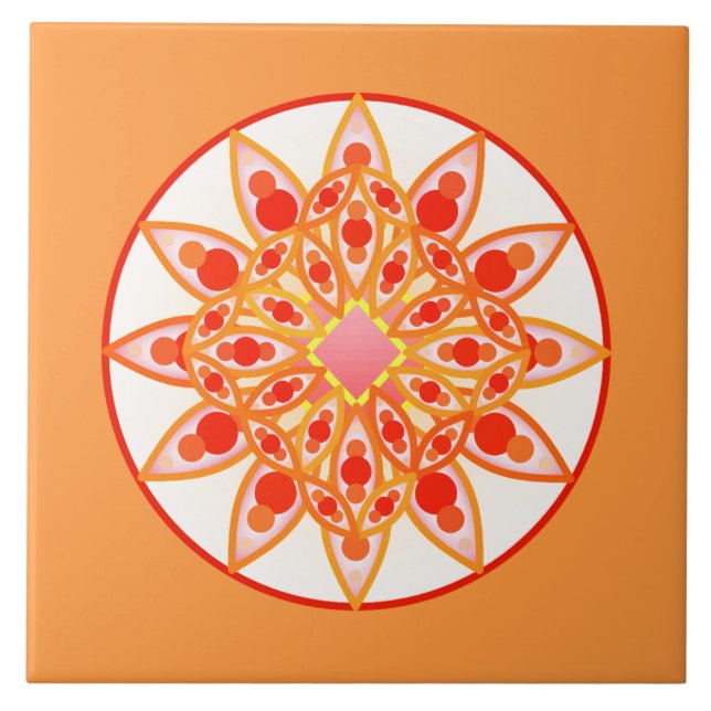 Mandala-Muster in Korallen, Orange und Gold Fliese (Vorderseite)