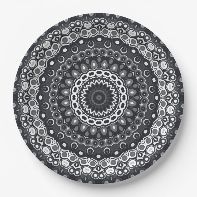 Mandala-Muster in Schwarzweiß Pappteller (Vorderseite)