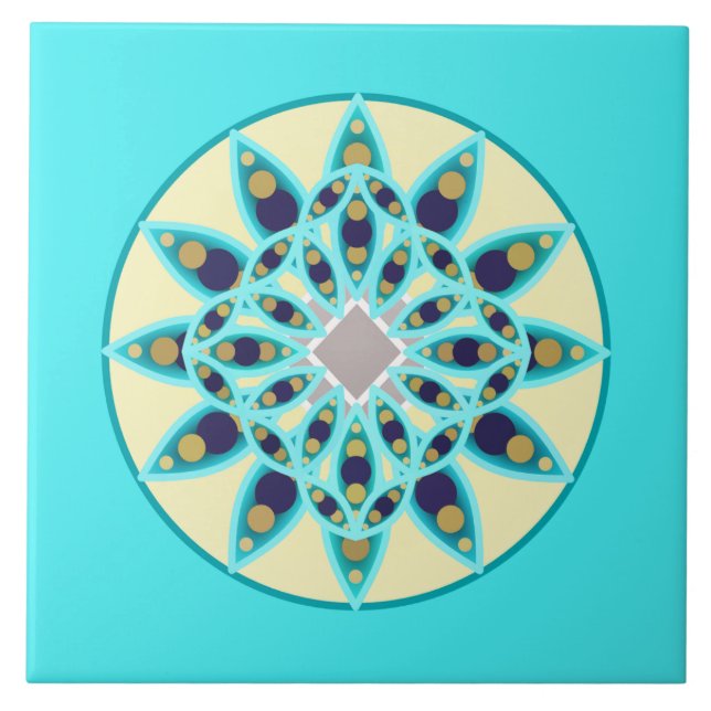 Mandala-Muster in Türkis, Creme und Marine Fliese (Vorderseite)