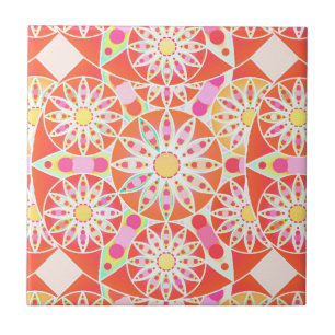 Mandala-Muster, korallenrot, rosa, gold Fliese