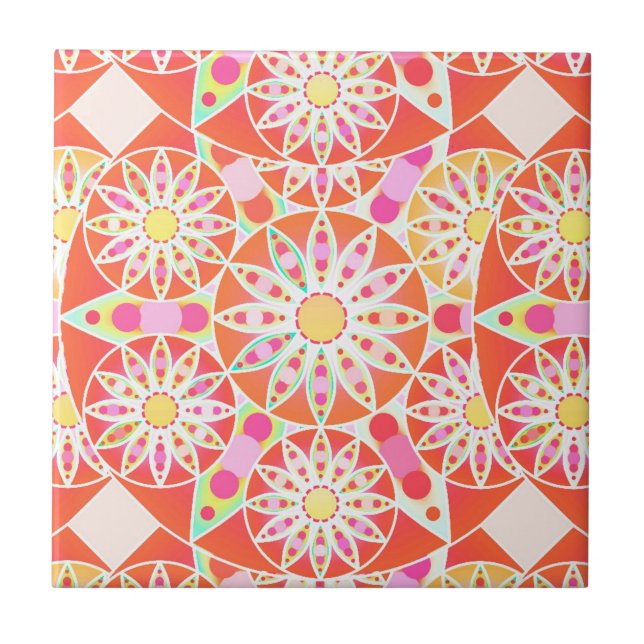 Mandala-Muster, korallenrot, rosa, gold Fliese (Vorderseite)